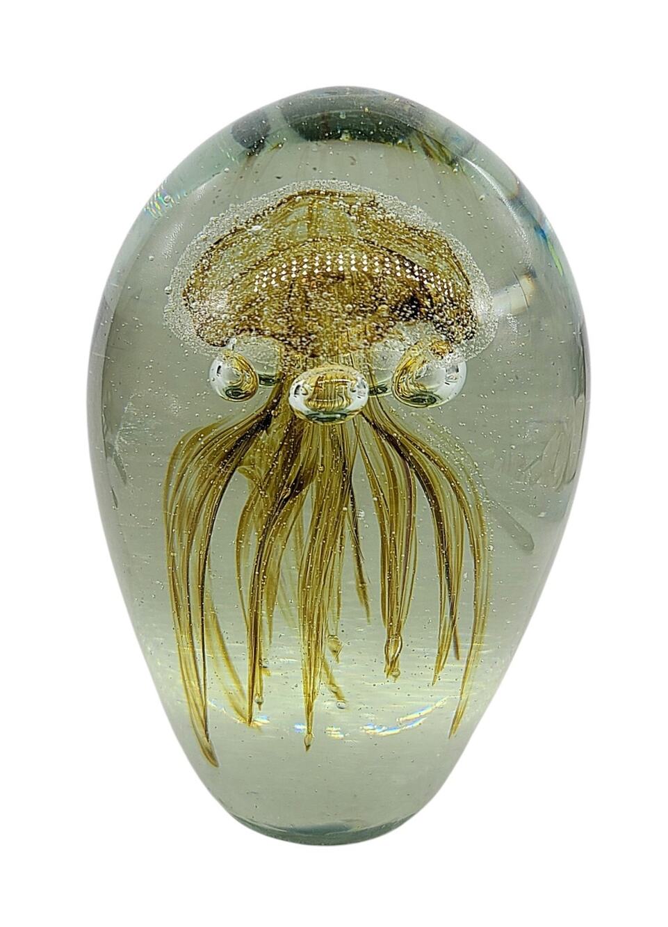 Vtg Large Jellyfish Art Glass Paperweight Controlled Bubbles Gold-hued 6.5" EUC